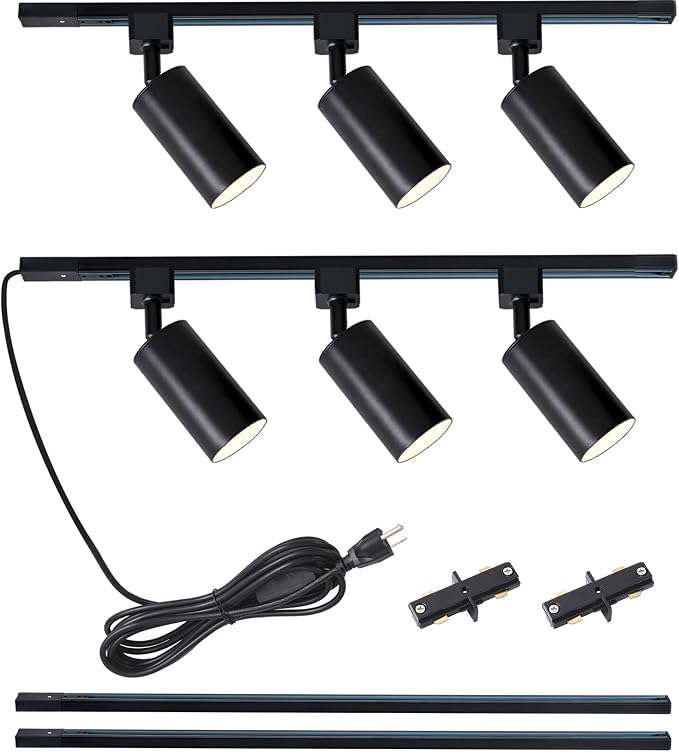 Plug in Track Lighting with Power Cord, 6-Light GU10 Track Lighting Kit with 6.6FT H Type Track Lighting Rails, Modern Kitchen LED Track Lighting Fixtures Ceiling Spot Light, Black (No Bulbs)