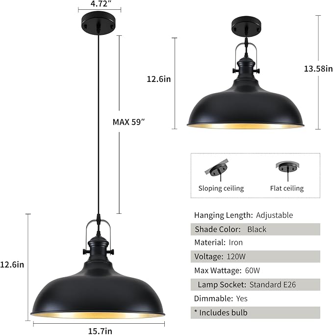 2 Pack 15.7" Matte Black Barn Pendant Lights, Adjustable Cord Industrial Dome Metal Hanging Light Fixtures with Gold Interior, E26 Farmhouse Pendant Lighting for Kitchen Island Dining Room Bar