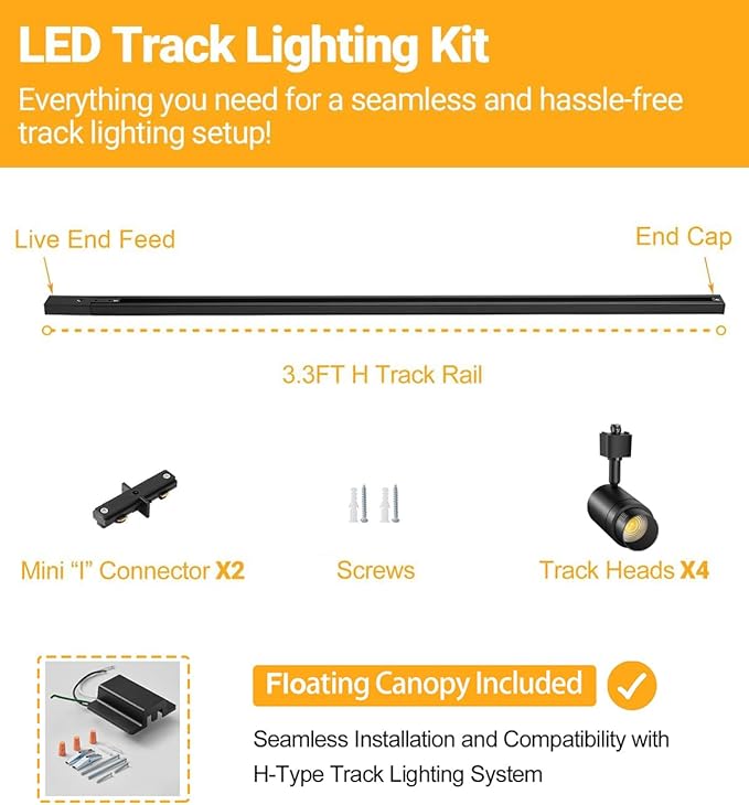 5 Color Zoomable 4-Light LED Track Lighting Kit with 3.3FT H Track Lighting Rail & Floating Canopy Connector, Modern Kitchen Track Lighting Fixtures Ceiling Spotlight, 12W Track Heads Black
