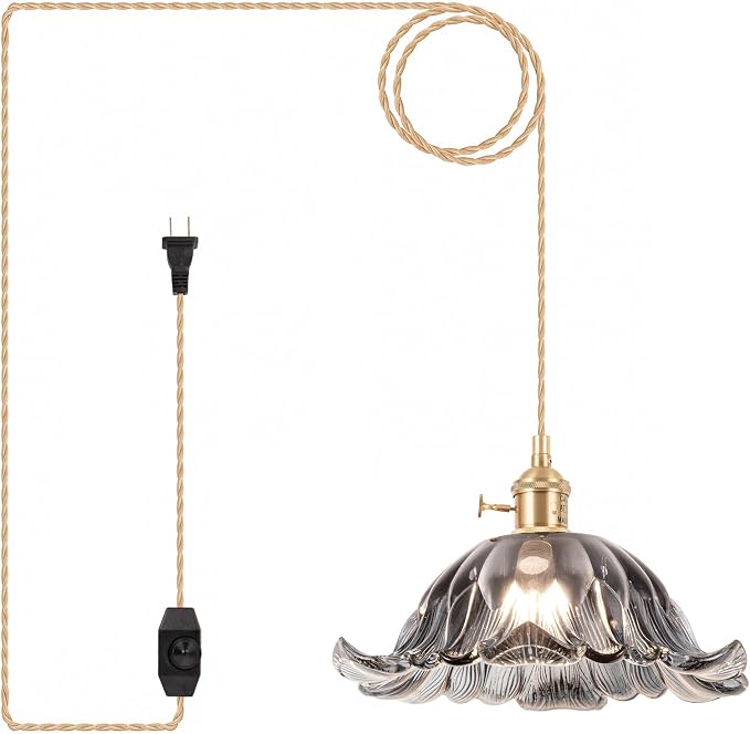 Plug in Pendant Light Fixtures,Hanging Light Fixture Corded On/Off Switch,11 inch E26 Gray Blue Glass Lampshade Pendant Lighting for Kitchen Island, Bedroom, Dining Room
