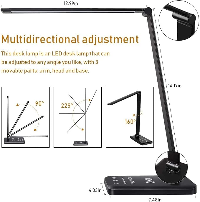 LED Desk Lamp with Wireless Charger,Touch Lamp for Home Office Dorm | Dimmable Eye-Caring Lamp,5 Color Modes & 5 Brightness,Metal Lamp Desktop Lamp for Study,Work,Reading,30/60 Minutes Timer