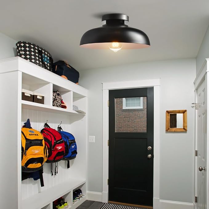 DIRYZON Flush Mount Ceiling Light, 12-Inch Industrial Black Ceiling Light | Ceiling Light with Metal Shade Lighting for Bedroom Hallway Kitchen Entryway