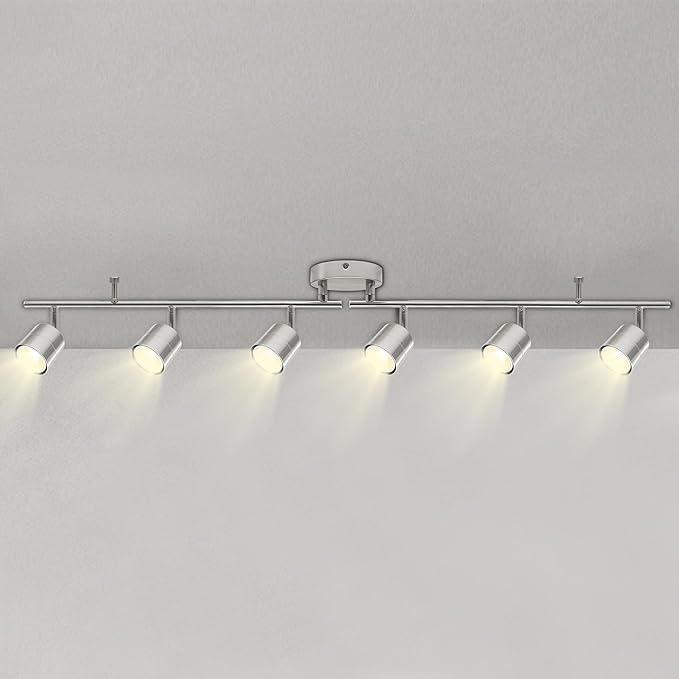 6-Light Brushed Nickel Track Lighting Kit with GU10 LED Bulbs - 44.5” Adjustable Ceiling Spotlight Fixture, 270° Swivel & 90° Tilt for Kitchen, Living Room, Dining Room, Gallery Display