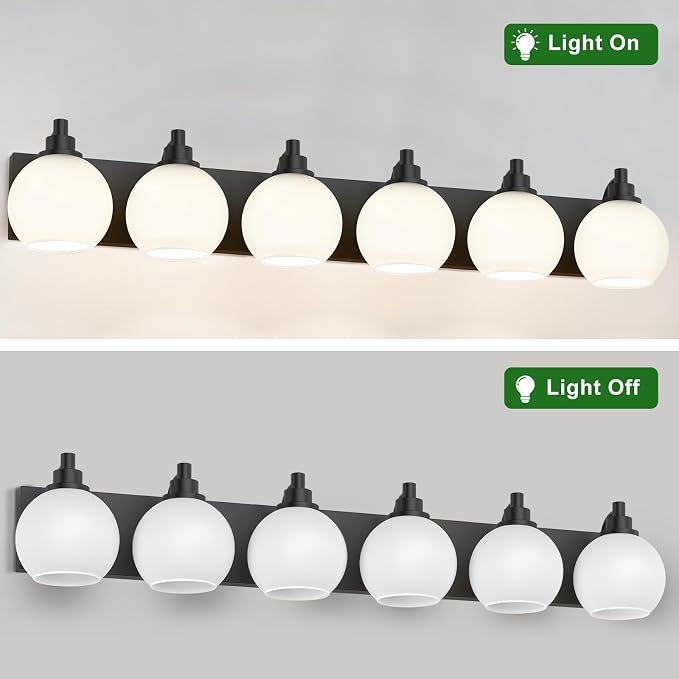 IZORRO Bathroom Light Fixtures, 6-Light Matte Black Vanity Light, Modern Wall Sconces with Globe Milk White Glass Shade, Vanity Lighting Fixtures Over Mirror,E26 Bulb Socket