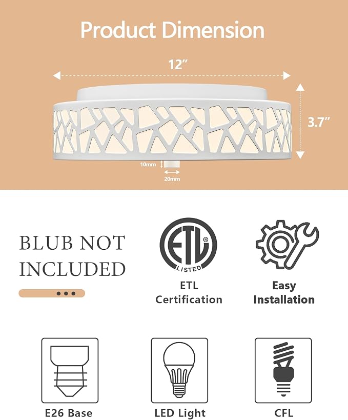 2-Light Flush Mount Ceiling Light, 12 Inch Modern Light Fixtures | Ceiling Mount with White Metal and Frosted Glass Shade for Bedroom,Hallway, Kitchen