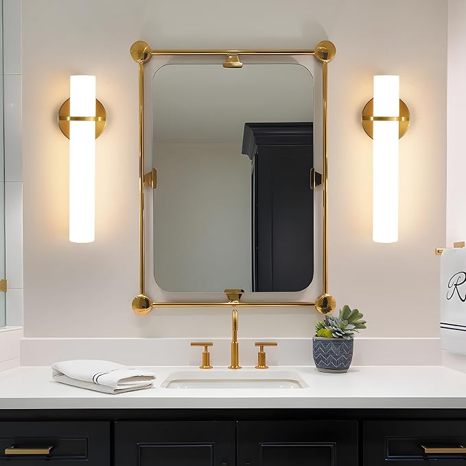 AIJIASI Wall Sconces - 15 inch Gold Wall Sconces Set of Two Modern Bathroom Sconce 15W Dimmable LED Wall Sconce Light with Acrylic Lampshade, Bathroom Vanity Light for Mirror Living Room Hallway 3000K