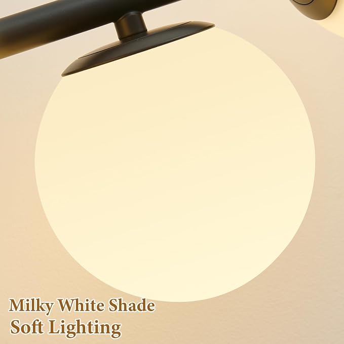 27" Mid Century Modern White Globe Black LED Bathroom Vanity Light | Matte Black Finish, Sleek Mid Century Modern Style, Milk White Glass Globes, Built-In LED Light Source, Unique Ambient Glow