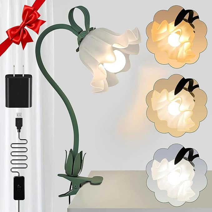 Clip On Flower Lamp for Bedroom, Aesthetic Bedside Reading Light with Flexible Gooseneck, 3 Color Modes Cute Desk Lamp Decor for Dorm Room, Headboard, Nightstand and Home Office
