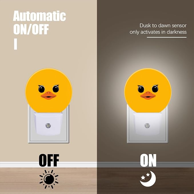 Round LED Night Lights Lamp with Dusk to Dawn Sensor, Bright Yellow Backdrop with Cartoon Duck Visage Night Light Plug Into Wall for Kids Room, Bedroom, Bathroom, Kitchen, Hallway