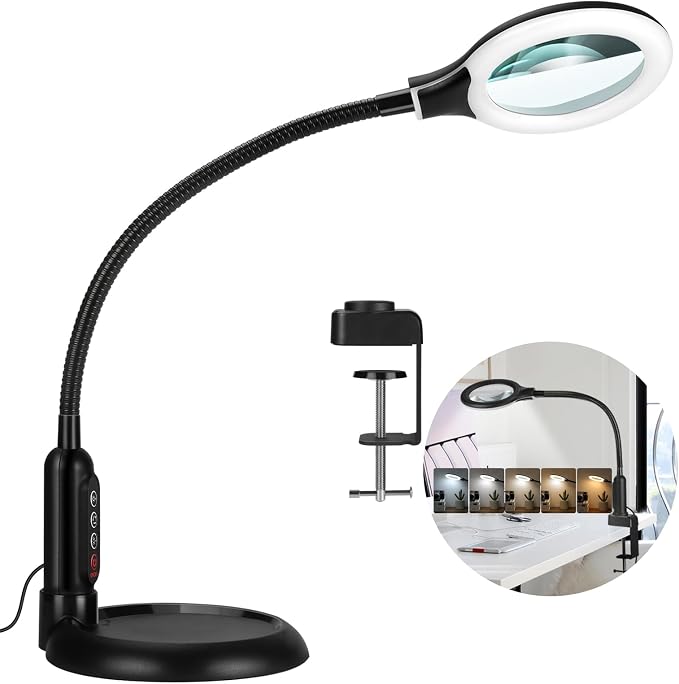 10X Magnifying Glass with Light and Clamp, 5 Color Modes Stepless Dimmable Lighted Magnifier with Stand, Flexible Gooseneck LED Desk Lamp Hands Free for Craft Reading Painting Hobby Close Work