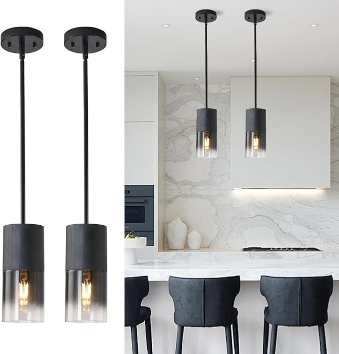 Pendant Light Fixtures, Adjustable Modern Pendant Lights for Kitchen Island, Industrial Glass Pendant Lights for Dining Table Hallway Bedroom Living Room Black 2 Packs