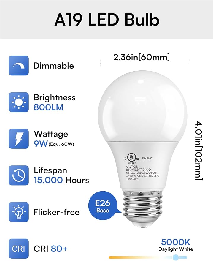 TJOY A19 Dimmable LED Light Bulbs, E26 Led Bulbs 60 Watt Eq, Daylight 5000K | 800 Lumens Standard Base, Energy Saving Lightbulbs, Efficient 9W, 120V, 15,000 Hour Lifetime, 6 Pack