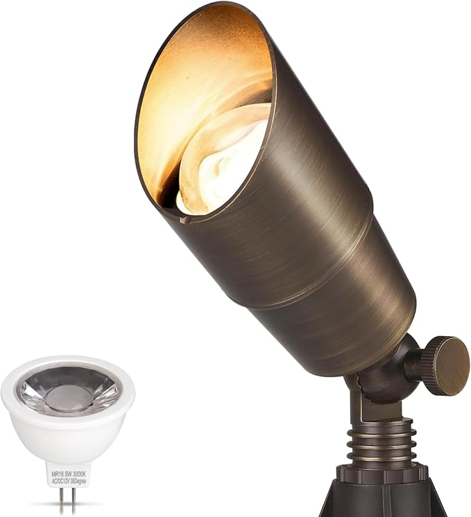 Solid Brass Outdoor Landscape Spotlights, 12V Heavy Duty Low Voltage LED Spot Light Waterproof for Garden and Yard Up Lighting, Bronze Accent Lighting Fixture, with 2700K MR16 Bulb 1 Pack