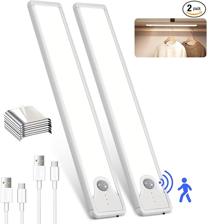 8 Inch Under Cabinet Lights, Upgraded 41 LED Rechargeable Magnetic Motion Sensor Light Indoor, Brightness Dimmable 6500K Stepless Dimming Closet Light, for Under Counter, Kitchen, Closet, 2 Packs