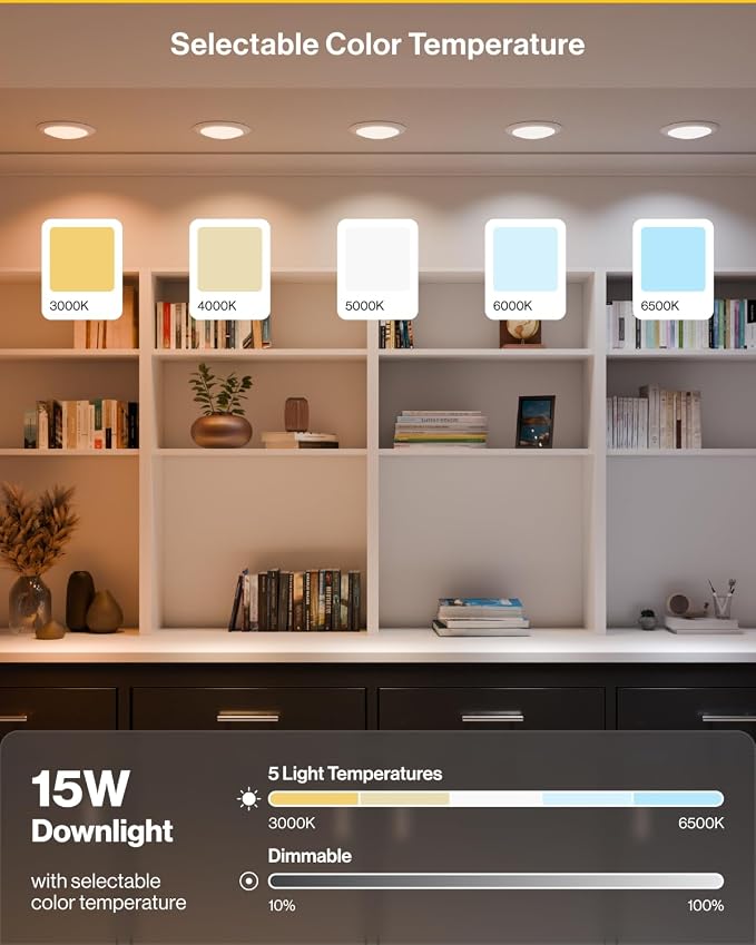 Sunco 80 Pack 6 Inch Flush Mount LED Disk Lights, 5CCT, 15W=75W, Dimmable | 1050LM, Selectable CCT 3000K/4000K/5000K/6000K/6500K, Low Profile Ceiling Can Lighting, 15W (75W Equivalent), Damp Rated ETL