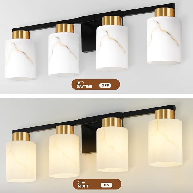 4-Light Bathroom Light Fixtures, Modern Vanity Lights, Black and Gold Metal Wall Lamp with White Marble Glass for Bathroom, Mirror, Living Room, Bedroom, Cabinet, Porch, Hallway, E26 Base