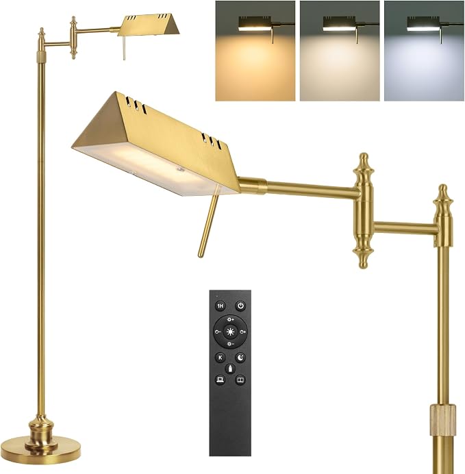 Bairth Antique Brass Reading Floor Lamp,Rotatable Pharmacy Standing Lamp | 90°Rotatable Lamp Head 3 Color Temperature, Dimmable, 17W LED, Height Adjustable, 360°Swing Arm, Living Room, Bedroom, Craft