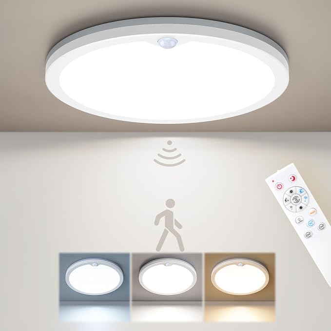 Annaror Wired Motion Sensor Ceiling Light Indoor with Remote 2400LM 12inch | 2000K Nightlight, 3000K 4000K 5000K, 24W Motion Activated Light with Timer for Hallway Closet Stairs White, Auto/ON/G