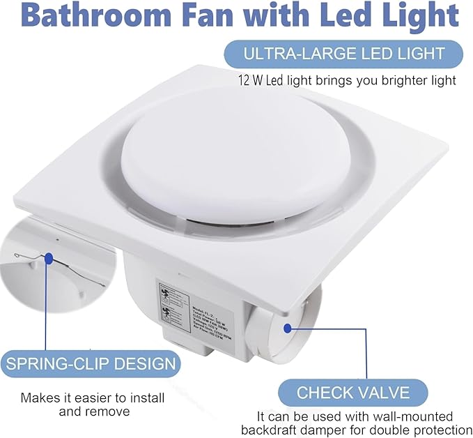 Bathroom Exhaust Fan with LED Light Ceiling Mount Ventilation Fan 90 CFM 1.0 Sones 4 Inch Duct Quiet Bathroom Vent Fan with Light Combo 5000K for Home Bath Office Hotel White (8Inches-Round)