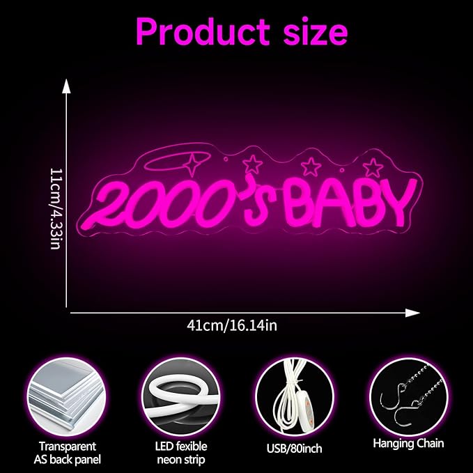 2000s Baby Neon Sign for Wall Decor 2000s Party Decorations Y2k Led Sign Dimmable Neon Light Up Sign for Y2k Party Decorations Birthday Backdrop Photography