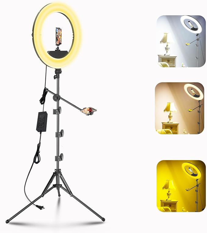 55W18 45cm Ring Light Kit [New Version] 6700K Dimmable LEDRinglightTripod Stand Dual Phone Holder for iPhone Selfie Makeup LashTattoo Studio Lighting Painting,Photo Video Recording (Black)