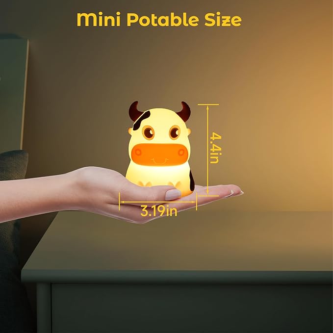 AVEKI Night Light for Kids, Portable Tap Control Rechargeable Nightlight Lamp, Color Changing, Remote Control Silicone Cute Animal Cow Night Lamp Bedroom Decor for Infant or Toddler (Cows-Remote)