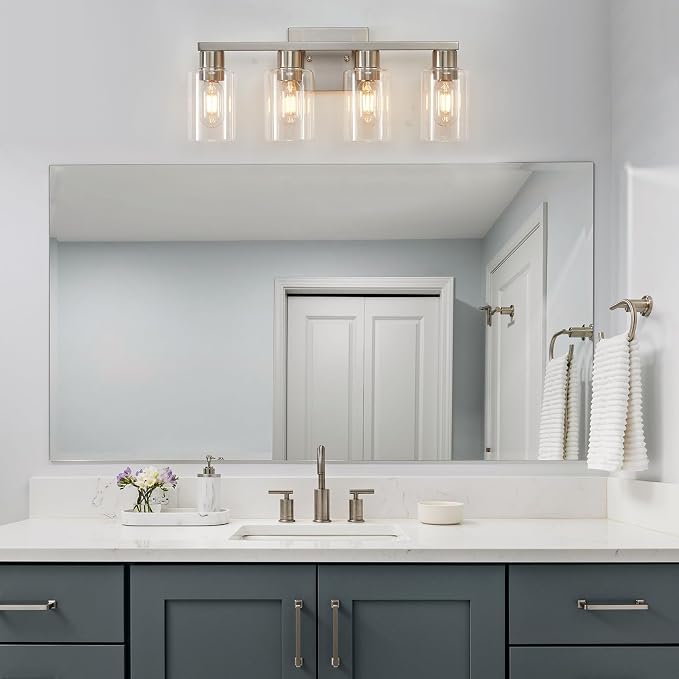 4 Light Bathroom Vanity Light Brushed Nickel Vanity Lights for Bathroom Modern 4-Lights Wall Sconce with Clear Glass Shade for Bedroom Living Room