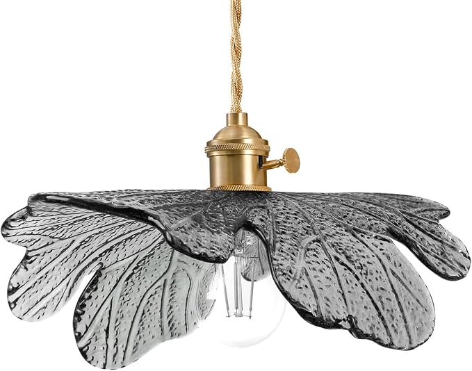 Vintage Ceiling Pendant Light with Gray Glass Flower Shade Farmhouse Hanging Light in Brushed Brass Gold, Adjustable 59“ Cord for Kitchen Island, Dining Room & Bedroom Ceiling Lighting