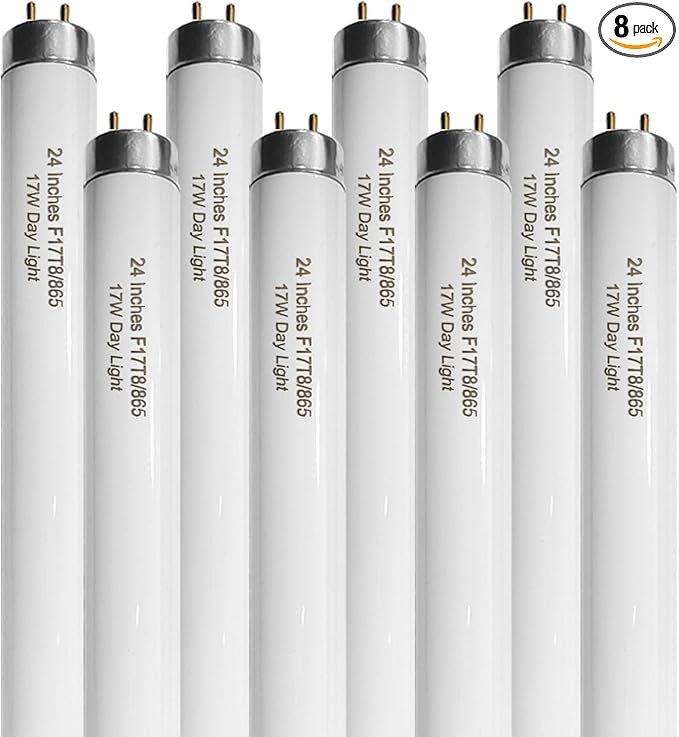 Konideke 24 Inch F17T8/865 Fluorescent Bulb Daylight 6500K, 17 Watt T8 Light Bulb, 2 Foot Fluorescent Light Bulb, 1460 lumens, G13 Medium Bi-Pin Cap 8 Pack