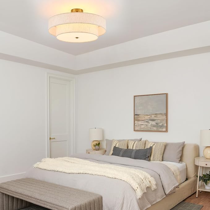 Modern Semi Flush Mount Ceiling Light 21.7" Modern Gold 4-Lights Drum Ceiling Lighting Fixture Vintage Linen Golden Ceiling Lamp for Laundry Room, Kitchen, Living Room, Dining Room, Bedroom