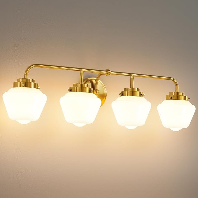 RUIYEY Bathroom Vanity Light Fixtures: 4 Lights Brushed Gold Vanity Lights for Bathroom, E26 60w Hardwired Wall Sconce Lighting with Frosted Milky Glass Over Mirror (Exclude Bulb)