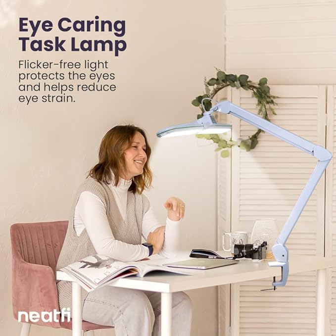 Neatfi Elite HD XL LED Desk Lamp | 3 Light Modes | Non-Polar Dimming | Eye-Caring Desk Light for Home Office, Drafting, Beauty Shop, Workbench (CCT with Clamp, Green Ring, 17 Inches)