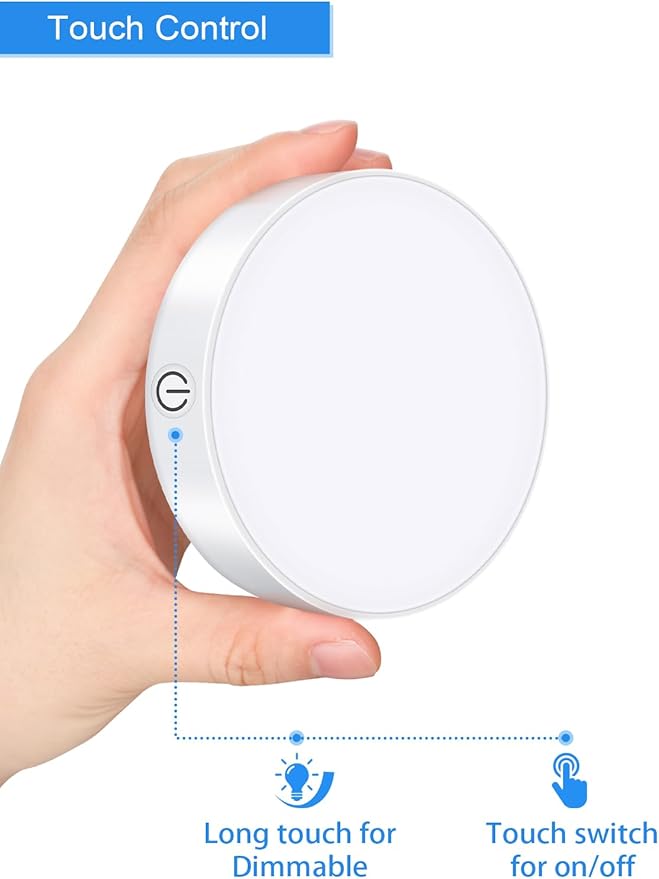 WILLED 3000K Dimmable Touch Lights, Battery Rechargeable Tap Lights, Magnet Stick on Closet Light, Portable LED Puck Night Lights for Cabinet, Wardrobe, Counter, Kitchen, Bedroom (2 Pack)