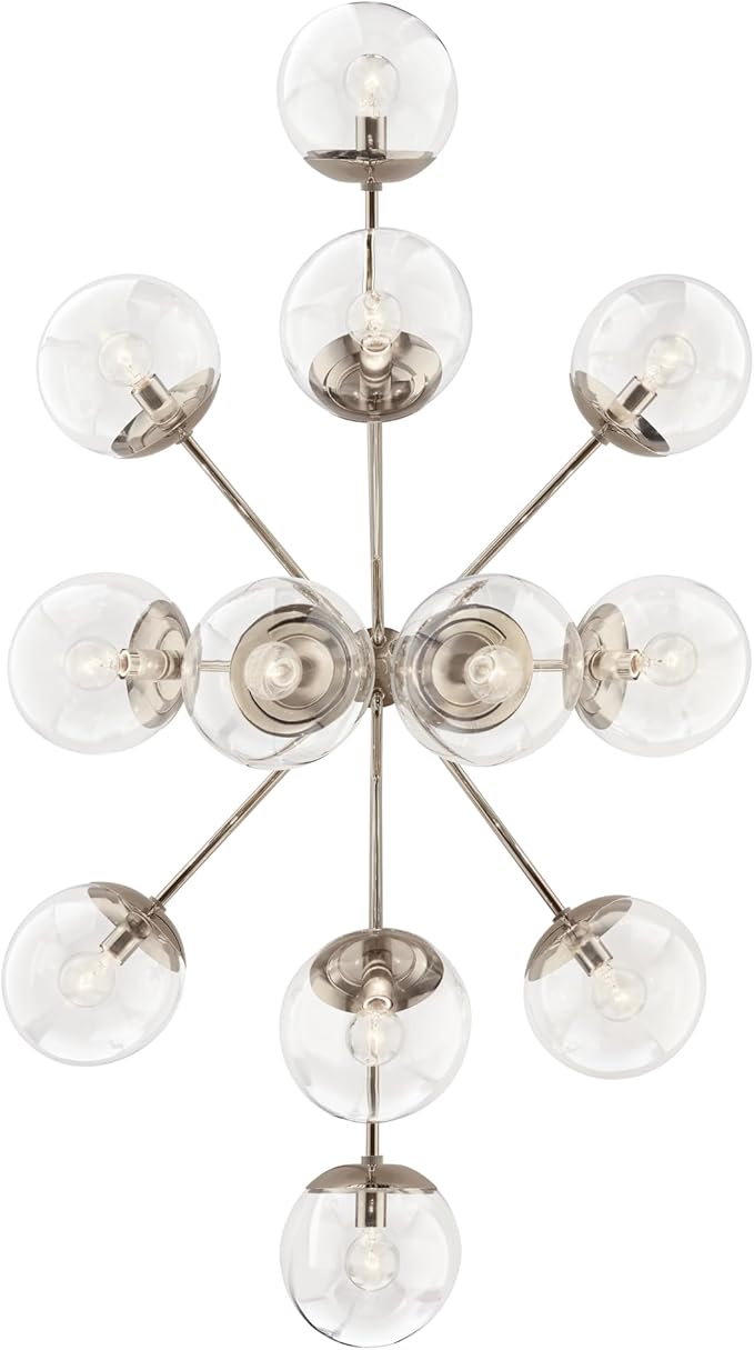 Kichler Silvarious 12-Light Linear Convertible Chandelier, Soft Modern Light with Clear Glass in Polished Nickel, for Dining Room or Living Room (17.75" x 26.75" x 48"), 52703PNCLR