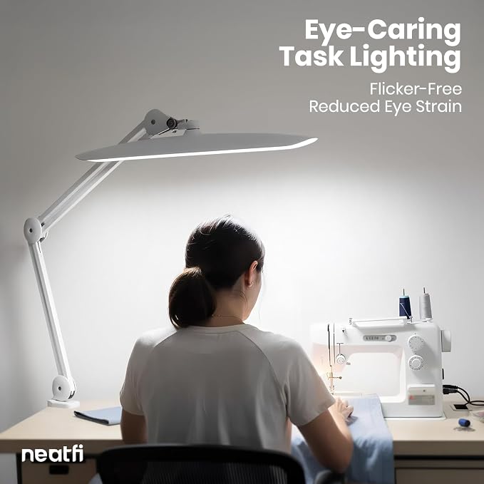 Neatfi XL 2200 Lumens 24W LED Desk Lamp – Shadow-Free Task Lighting | 4-Level Dimming | Home Office & Crafts Use | 20-Inch Wide Head (White, Non-CCT with Clamp)
