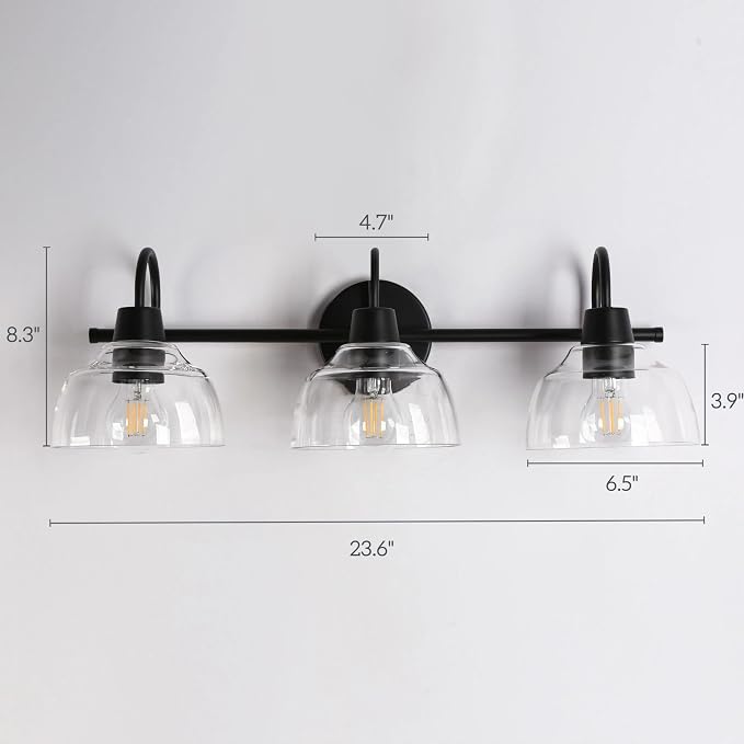 KSANA Black Bathroom Light Fixtures, Modern Farmhouse Vanity Lights Over Mirror 3-Light Bathroom Wall Mounted Sconce with Dome Glass Shade
