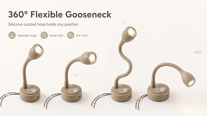 2 Pack 12V RV Reading Light, Flexible Gooseneck LED Wall Lamp with Touch Switch, 4000K Warm White Bedside Spotlight for Camper, Trailer & Boat Interior, PWM Dimmable (External PWM Dimmer Not Included)