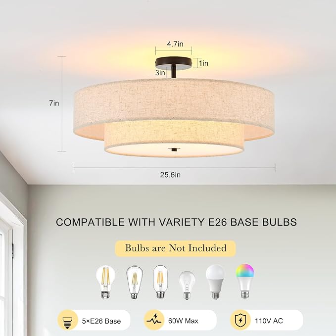 25.6" Black Semi Flush Mount Ceiling Light，5-Light Linen Shade | Large Modern Fabric Drum Light Fixture，E26 Base for Living Room ,Bedroom ,Kitchen ,Dining Room ,Hallway,Closet,Laundry Room