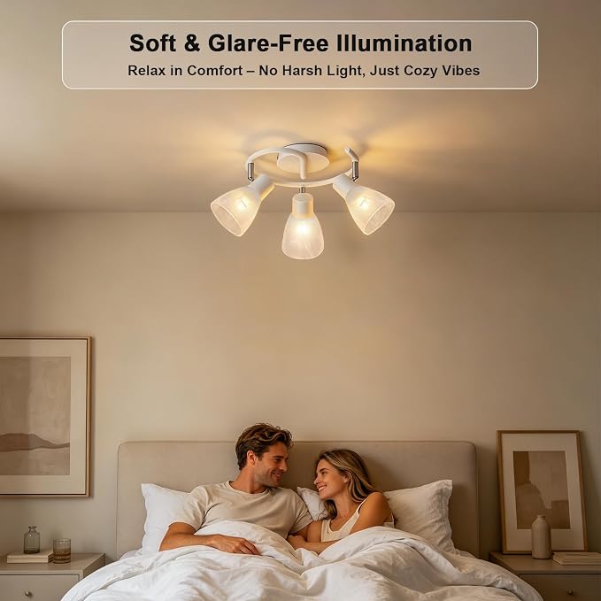 HiBay 3-Light Track Lighting, Modern Glass Ceiling Light Fixture White | Directional Flush Mount Spotlight Round for Kitchen, Bedroom, Living Room, E12 Base, Bulbs Not Included