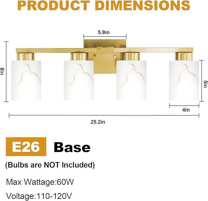 4-Light Bathroom Light Fixtures, Modern Vanity Lights, Gold Metal Wall Lamp with White Marble Glass for Bathroom, Mirror, Living Room, Bedroom, Cabinet, Porch, Hallway, E26 Base