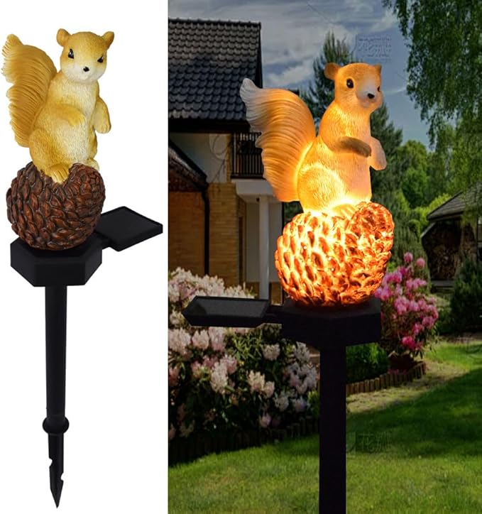 Solar Energy Pinecone Squirrel Light, Garden Decoration Resin Cute Animal Ground Lamp,Wireless Dusk to Dawn LED Sconce Lights Waterproof.