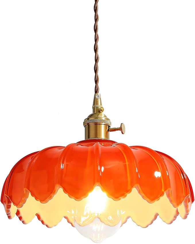 XZHGCEE Plug in Pendant Light: Hanging Light Plug in Orange Glass Hanging Lamp, Pendant Lighting for Kitchen Island, Bedroom, Dining Room, Living Room, E26 No Bulb