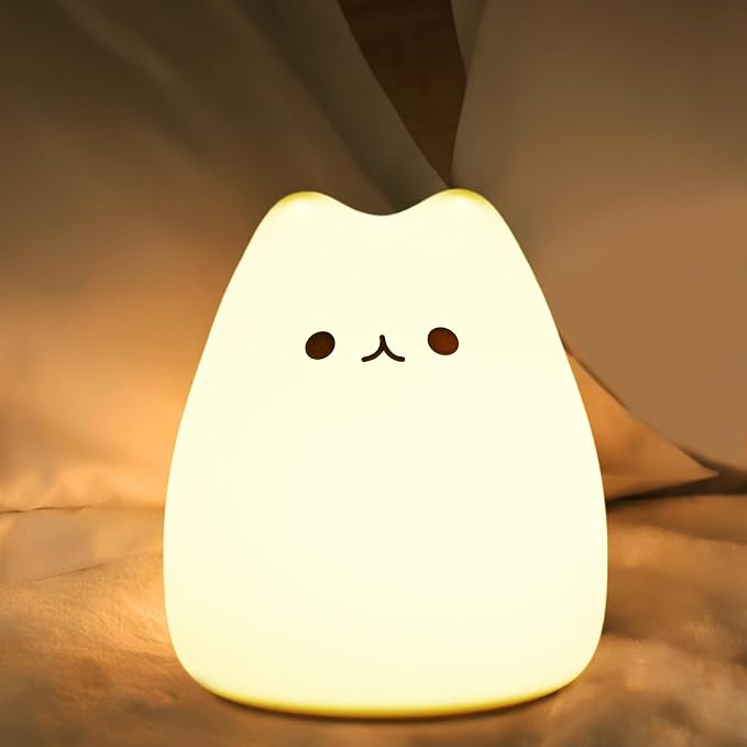 LED Night Light, Battery Powered Kids' Lamp, Silicone Multicolor Cute Cat with Warm White & 7-Color Breathing Mode for Kids & Babies