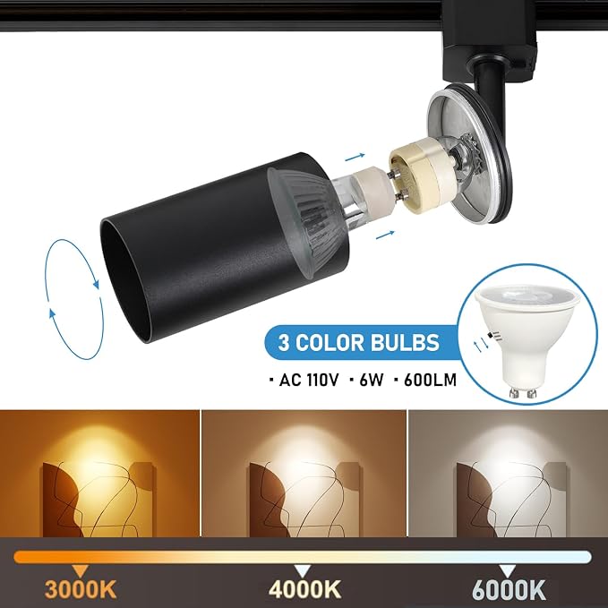 3-Color Dimmable Plug in Track Lighting with Power Cord, 4-Light Black | 13FT Dimmable Plug Cord | 3000K 4000K 6000K Adjustable | 6W GU10 Bulbs Included | LED Ceiling Spot Light Fixtures for Kitchen