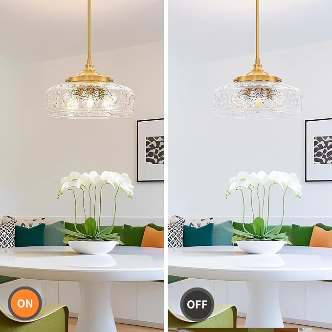 3-Light Adjustable Pendant Lights Kitchen Island, Gold Brushed Metal & Clear Glass Ceiling Pendant Light, Vintage Brass Drop Lights for Bathroom, Hallway, Convertible Ceiling Mount Or Hanging Fixture