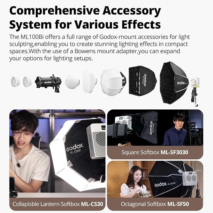 Godox ML100Bi Bi-Color LED Video Light, 120W 34300Lux@1M CRI 97+ TLCI 98+ 2800K-6500K, 11 FX Effects Photography Light, Portable LED Continuous Light