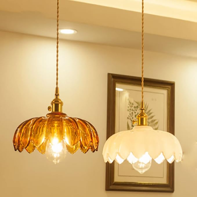 Amber Glass Pendant Light Fixtures Medium 9.8 Inches Lampshade Gold Brass Finish and Switch Vintage Pendant Ceiling Lamp Copper Pendant Lighting (Amber)