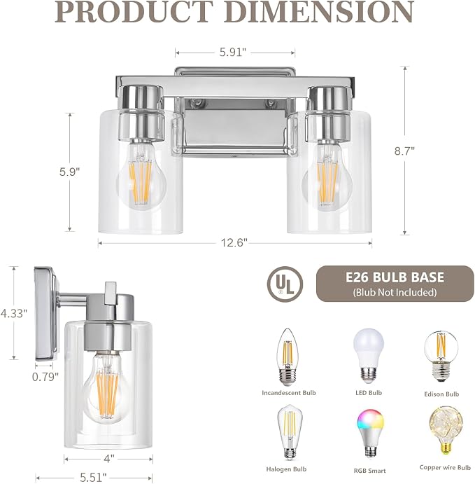 2-Light Bathroom Light Fixtures with Clear Glass, Chrome | Vanity Lights, Modern Wall Sconces, Over Mirror for Bathroom, Powder Room, Living Room