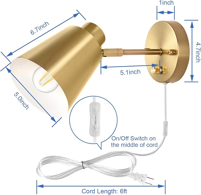 Dimmable Wall Sconce, Plug in Wall Sconce Adjustable Angle Wall Lights with Plug in Cord and Dimmer On/Off knob Switch, Gold Wall Mounted Light for Bedside Bedroom Doorway(1 Pack, 1 Bulb)