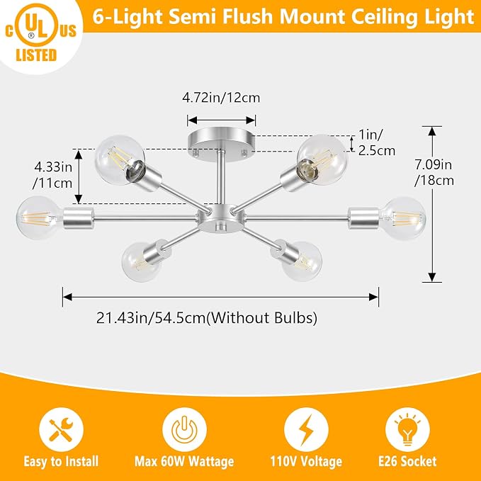 Lomoky 6-Lights Brushed Nickel Kitchen Light Fixtures Ceiling Mount, Modern Semi Flush Mount Ceiling Light, Sputnik Close to Ceiling Light for Bedroom Dining Room Hallway